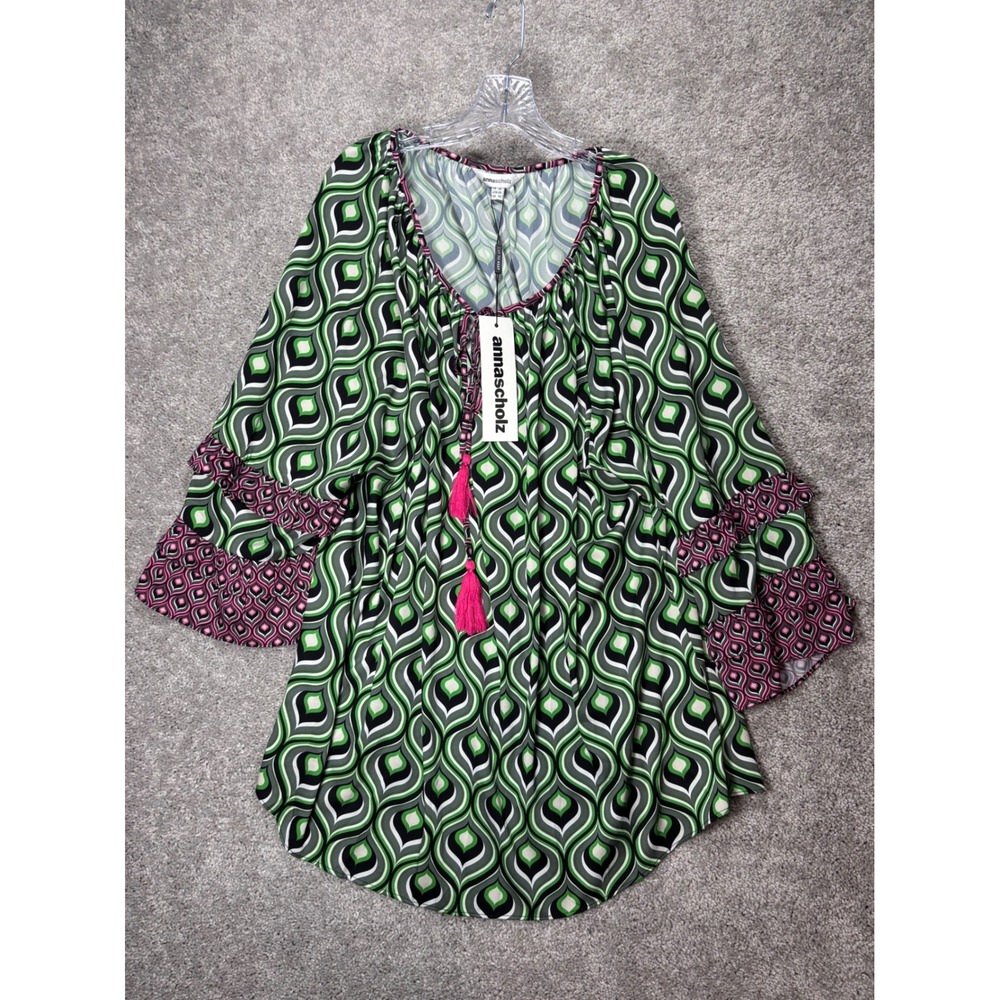 Anna Scholz Peacock Green Boho Top‎ US 22 Geometric Tassel Tie Neck AQ17 NEW
